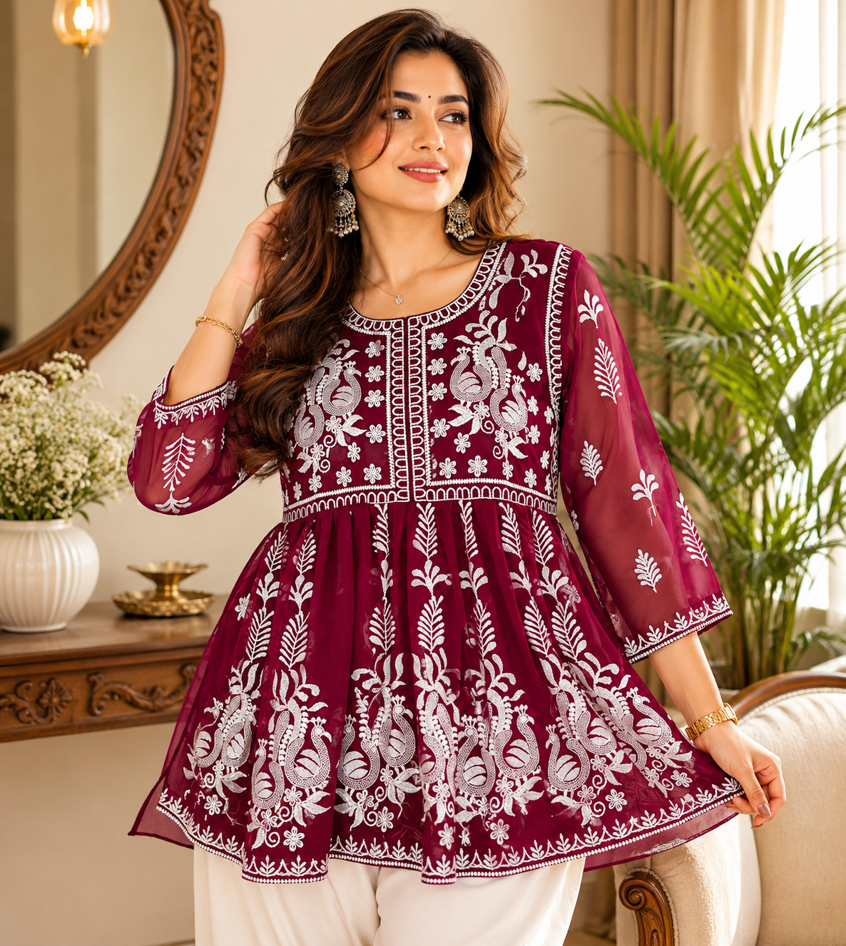 Deep Maroon Ornate Paisley Tunic Top