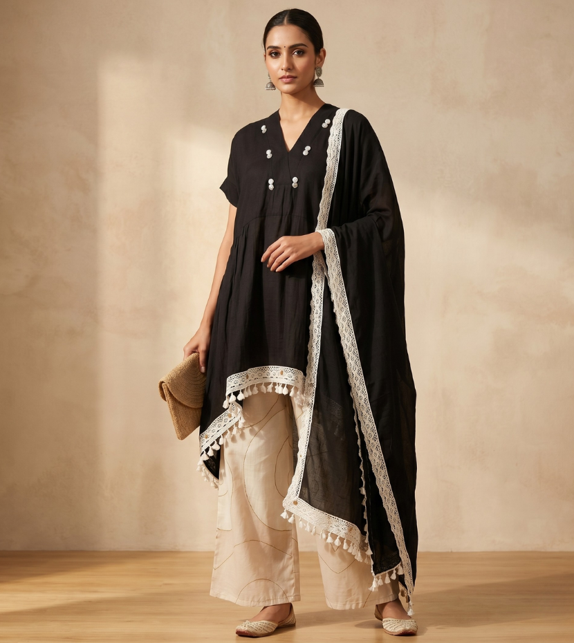 Black High-Low Kaftan Tunic Set with Lace-Trimmed Dupatta