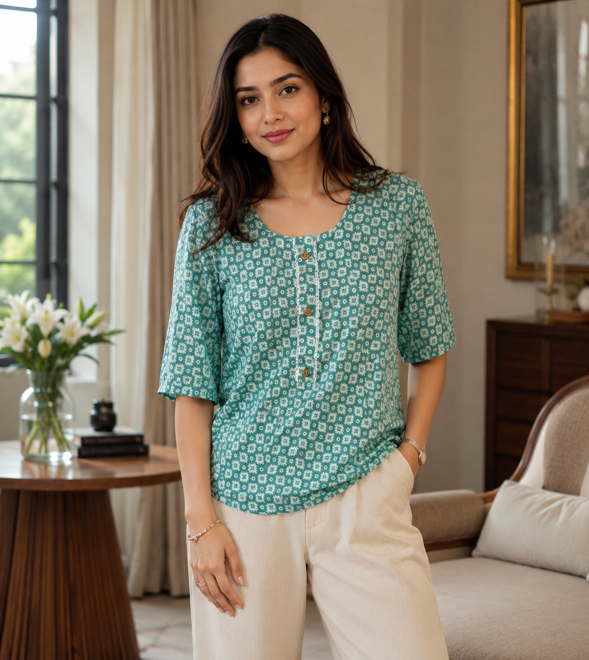 Seafoam Green Geometric Print Button-Down Top
