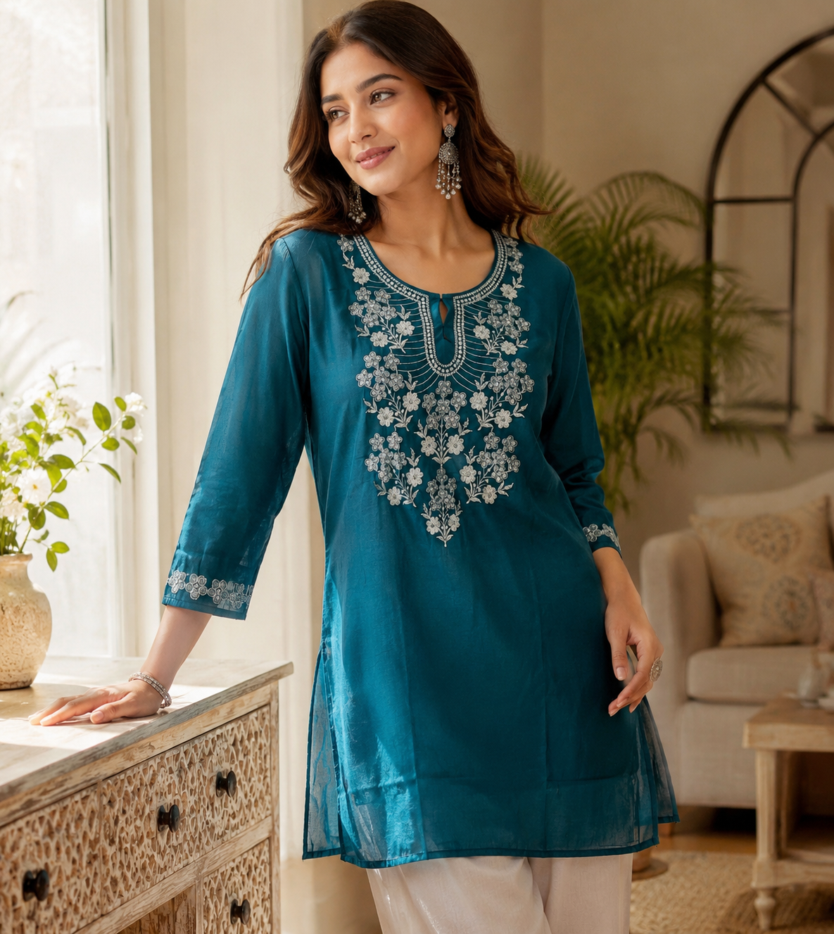 Deep Teal Blue Embroidered Silk-Blend Tunic