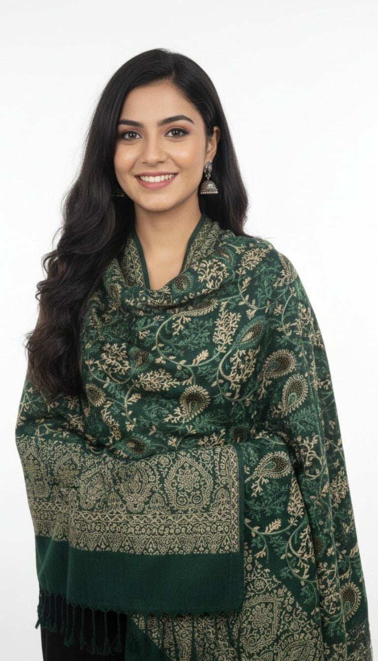Elegant Green Floral Printed Women’s Shawl with Woven Border