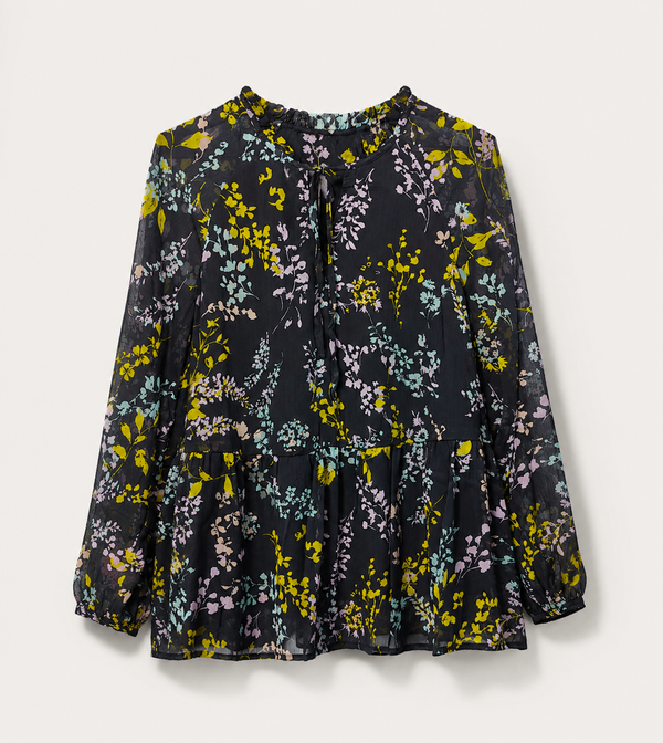 Black Crinkle Texture Tunic with Gold Abstract Embroidery