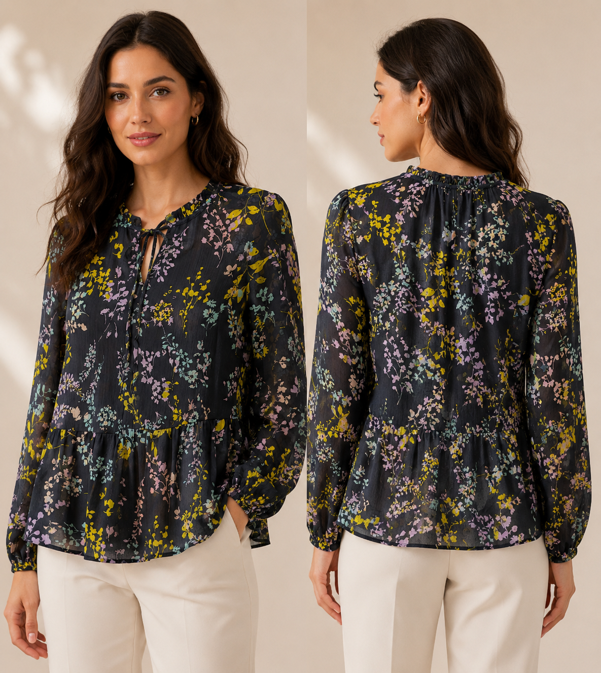 Black Crinkle Texture Tunic with Gold Abstract Embroidery
