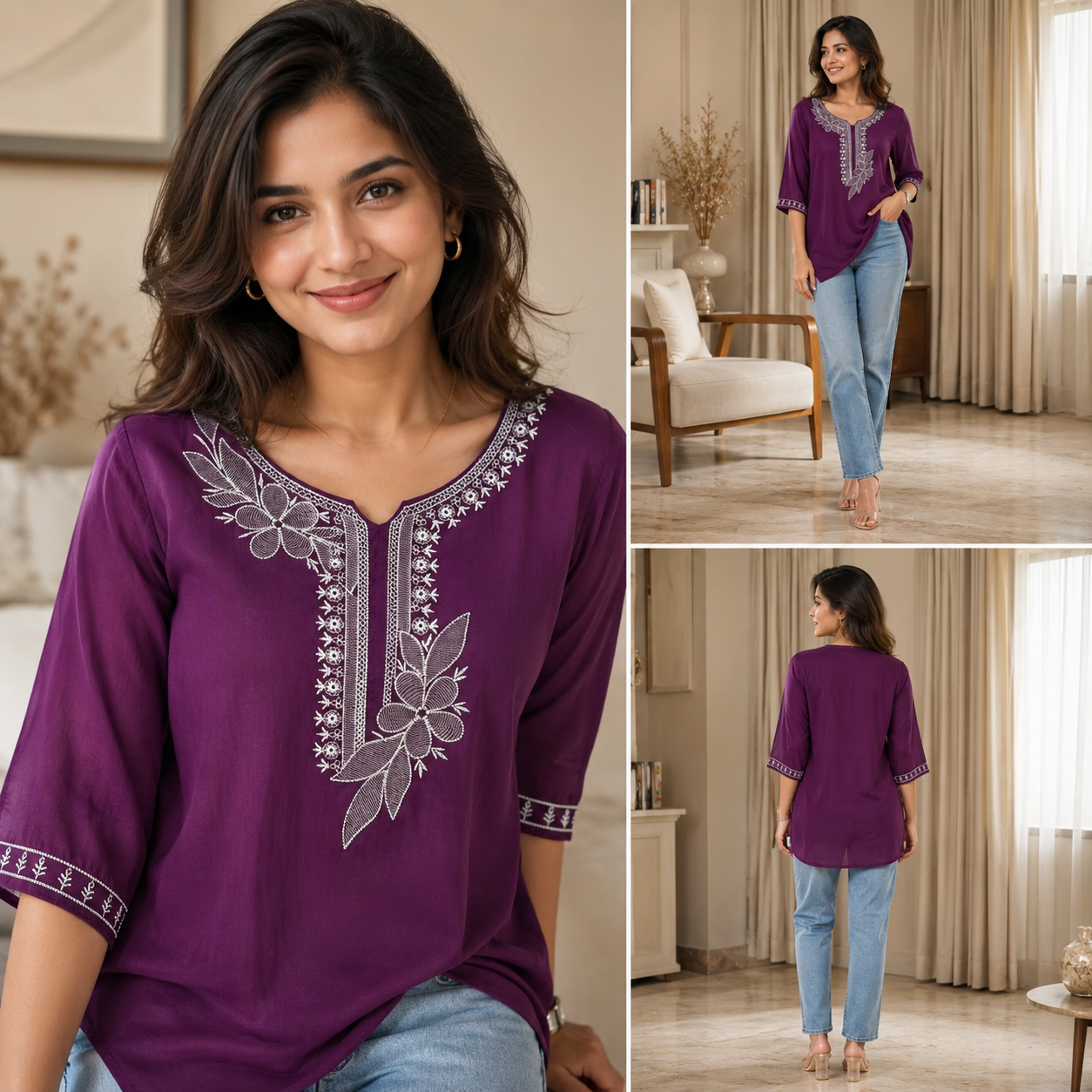 Plum Purple Floral Embroidered Rayon Tunic Top