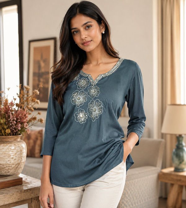 Charcoal Teal Geometric Abstract Top