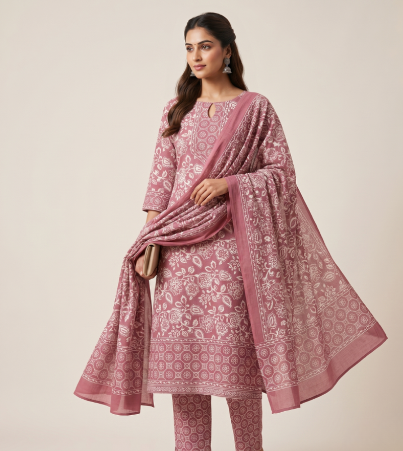 Dusty Mauve Floral Block Print Unstitched Suit Set with Dupatta