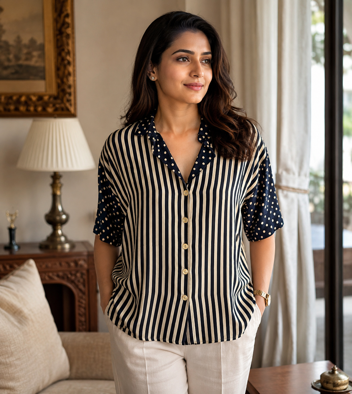 Navy Mixed-Print Striped & Polka Dot Shirt
