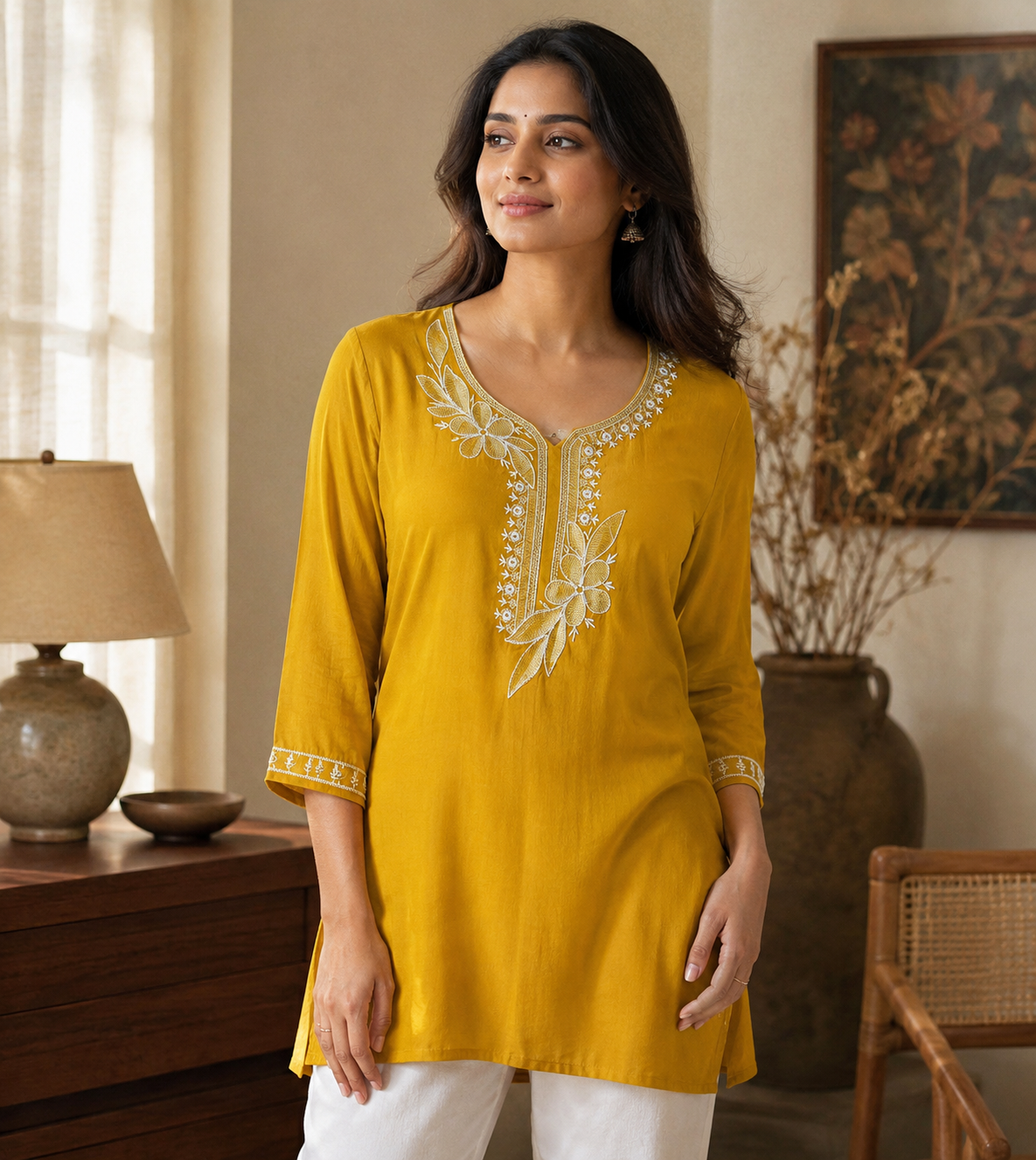 Mustard Yellow Embroidered Tie-Front Top