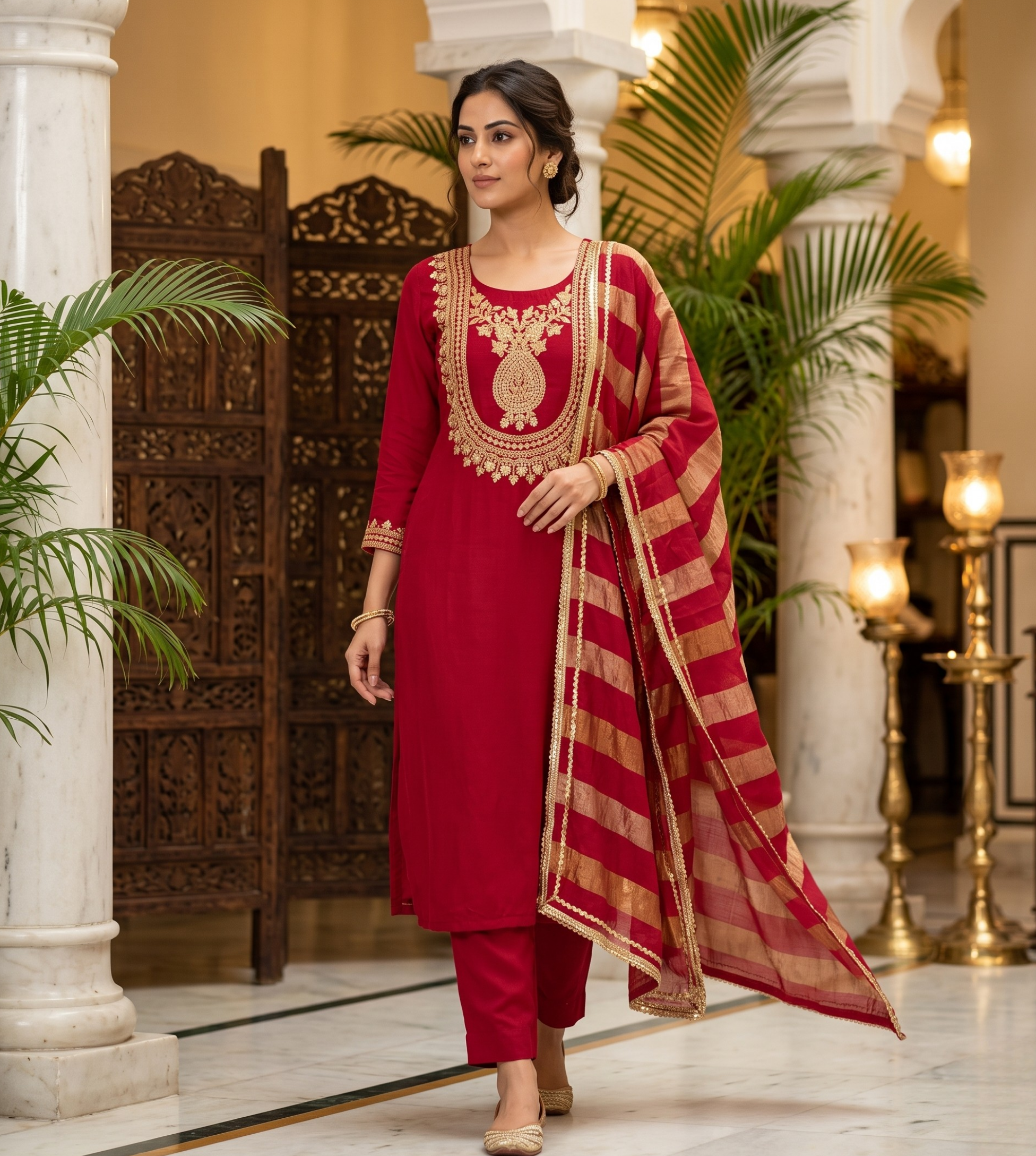 Vibrant Crimson Red Modal Silk Unstitched 3-Piece Suit Set with Golden Handwork