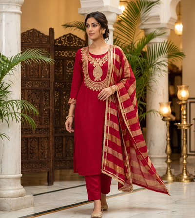 Vibrant Crimson Red Modal Silk Unstitched 3-Piece Suit Set with Golden Handwork
