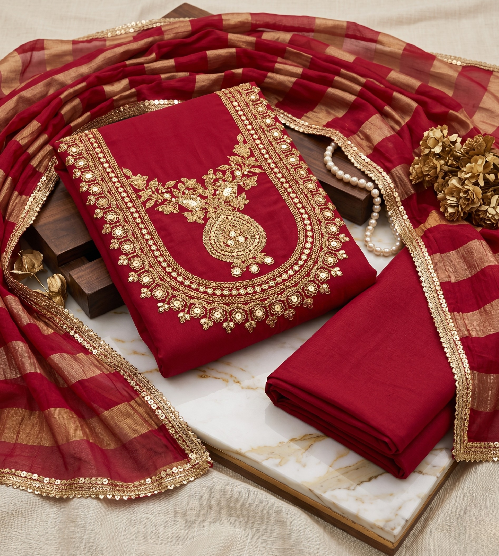Vibrant Crimson Red Modal Silk Unstitched 3-Piece Suit Set with Golden Handwork