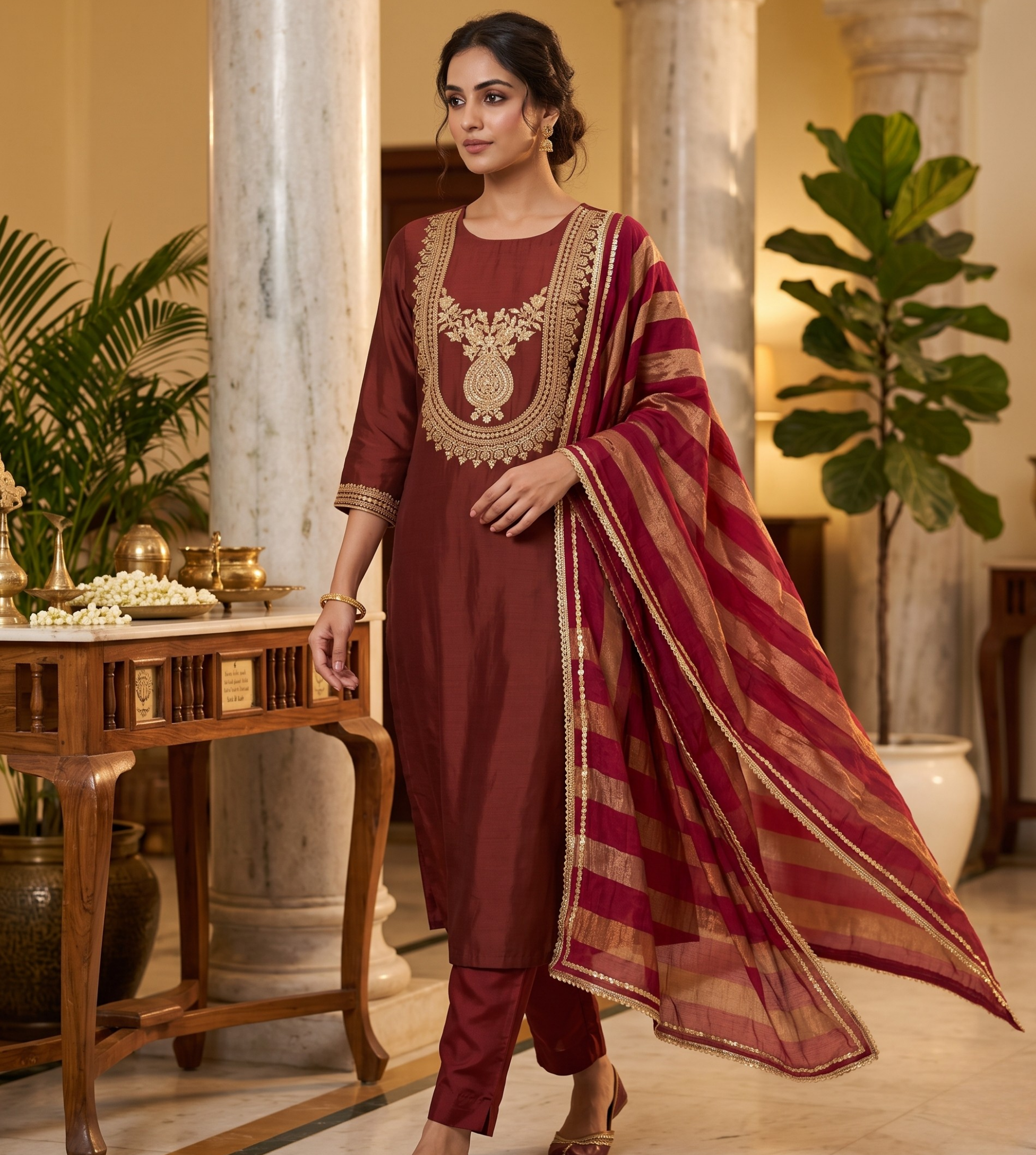 Premium Maroon Modal Silk Unstitched Suit Set with Zari Handwork