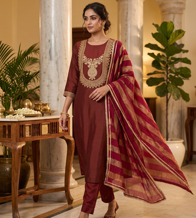 Premium Maroon Modal Silk Unstitched Suit Set with Zari Handwork