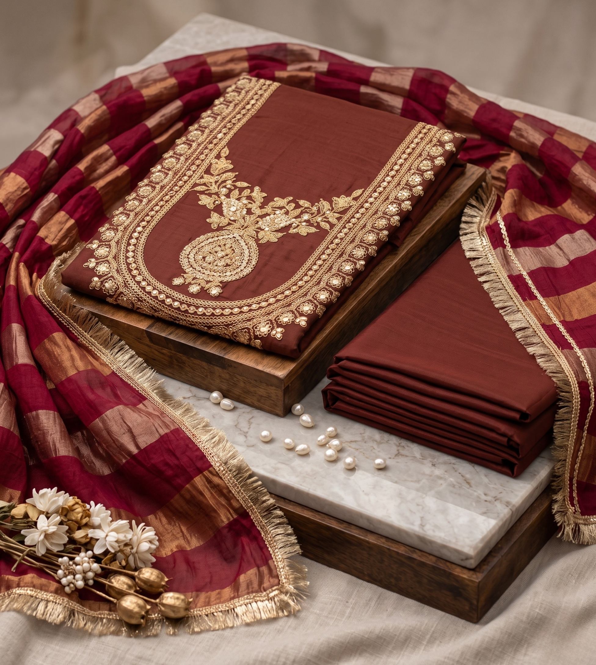 Premium Maroon Modal Silk Unstitched Suit Set with Zari Handwork
