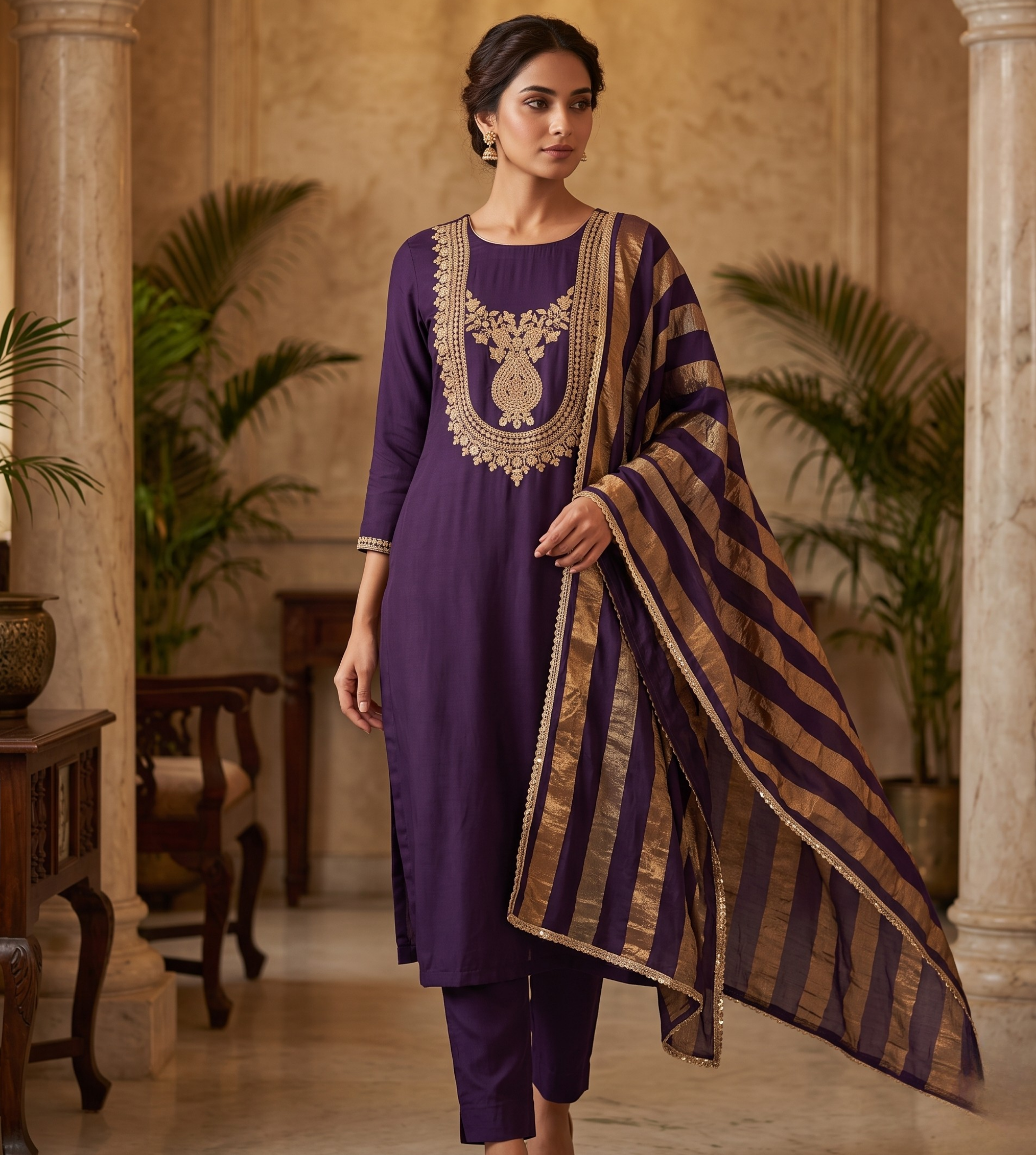 Royal Purple Modal Silk Unstitched 3-Piece Suit Set with Golden Handwork