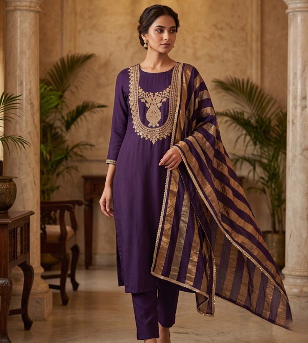 Royal Purple Modal Silk Unstitched 3-Piece Suit Set with Golden Handwork