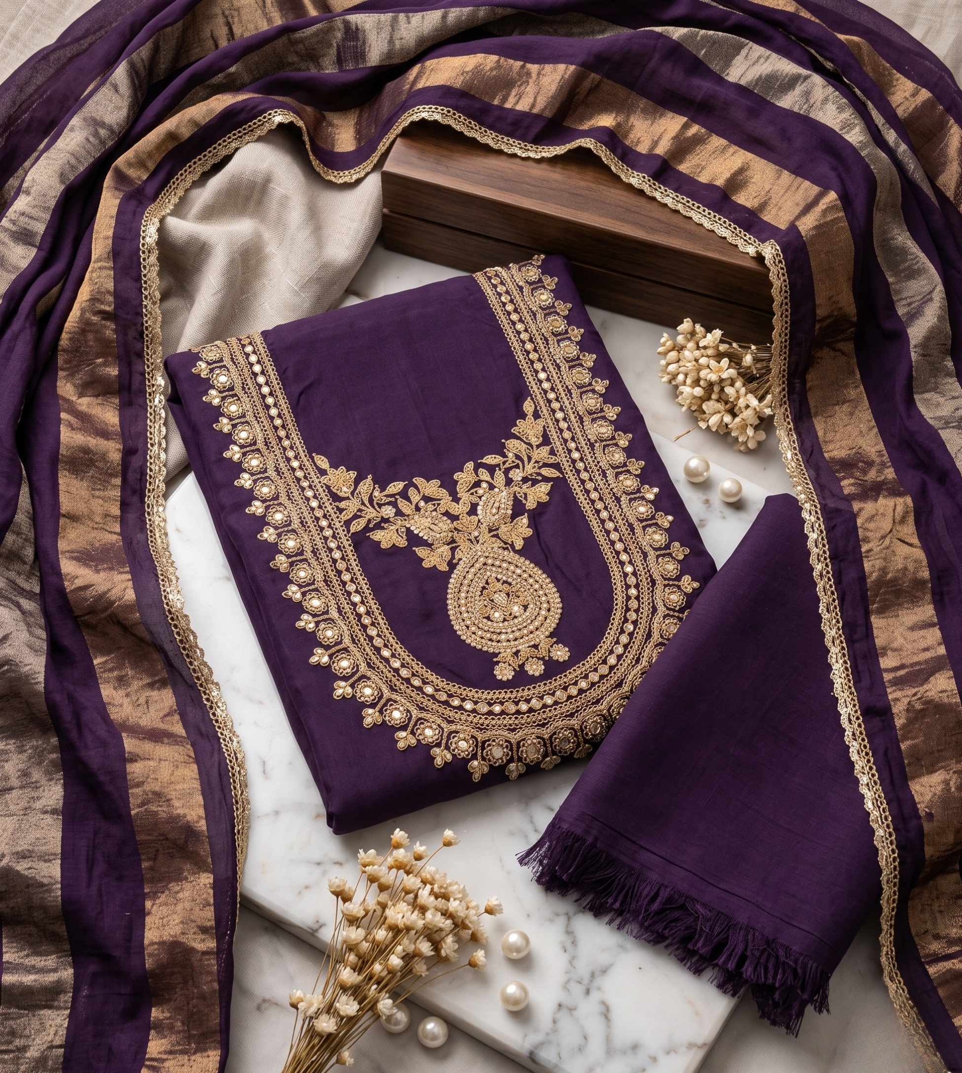 Royal Purple Modal Silk Unstitched 3-Piece Suit Set with Golden Handwork