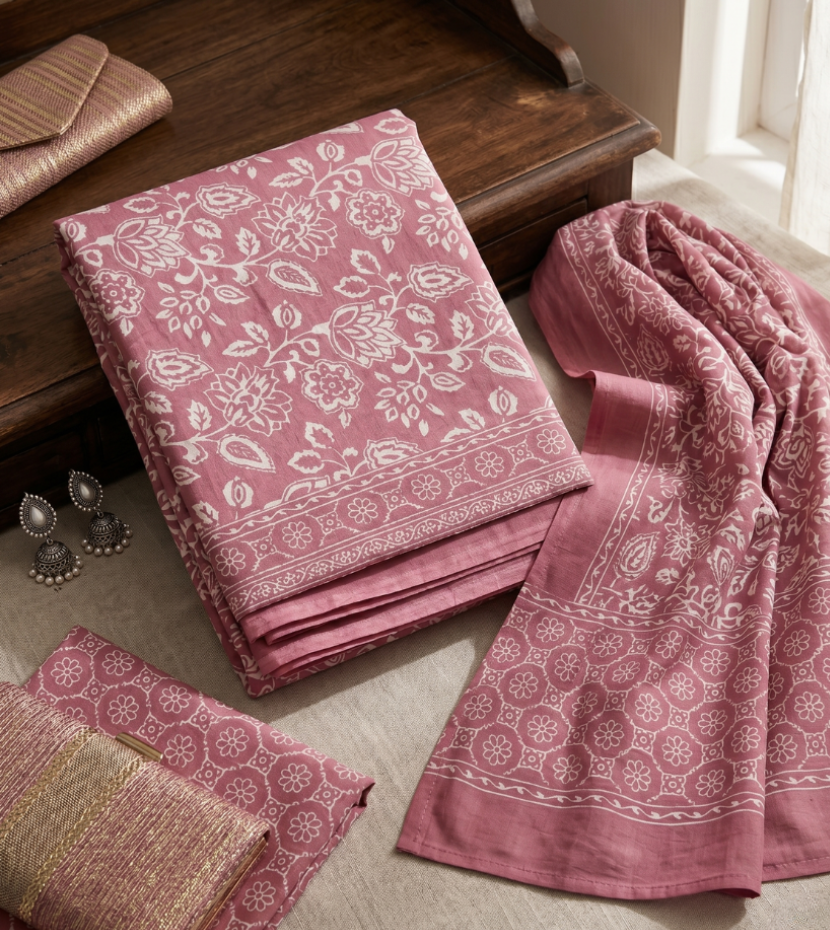 Dusty Mauve Floral Block Print Unstitched Suit Set with Dupatta