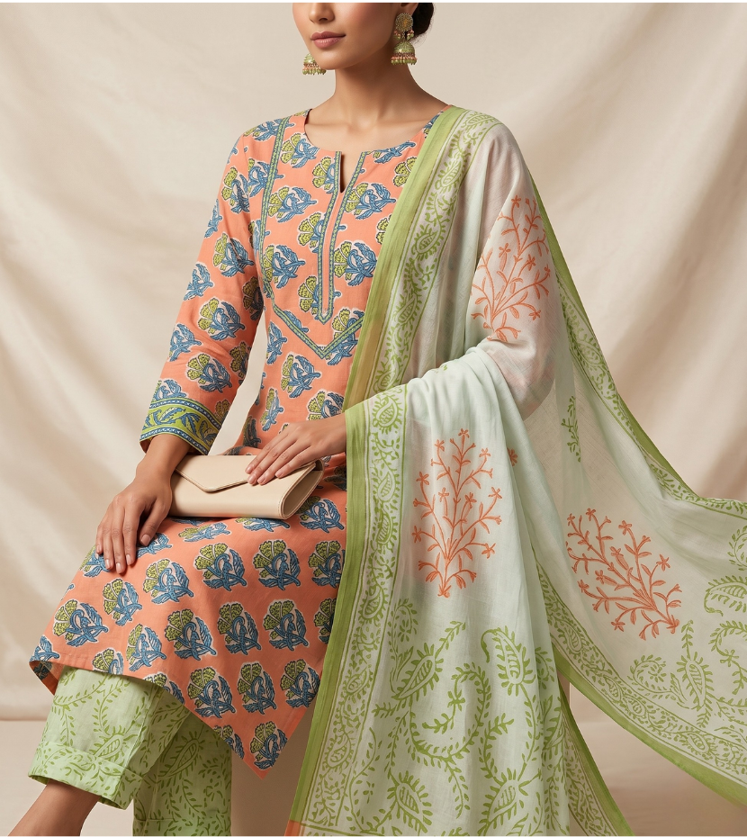 Peach & Mint Green Printed Unstitched Suit Set
