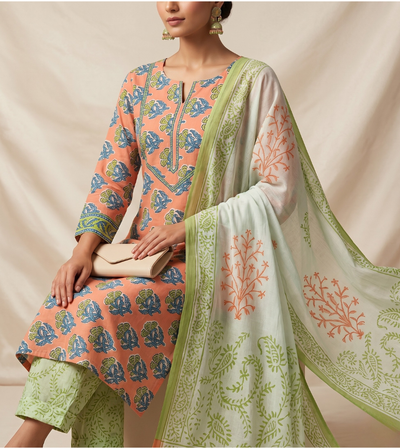 Peach & Mint Green Printed Unstitched Suit Set
