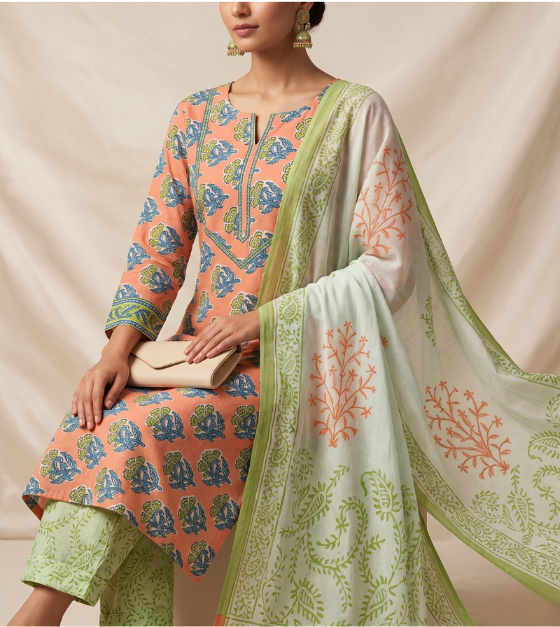 Peach & Mint Green Printed Unstitched Suit Set
