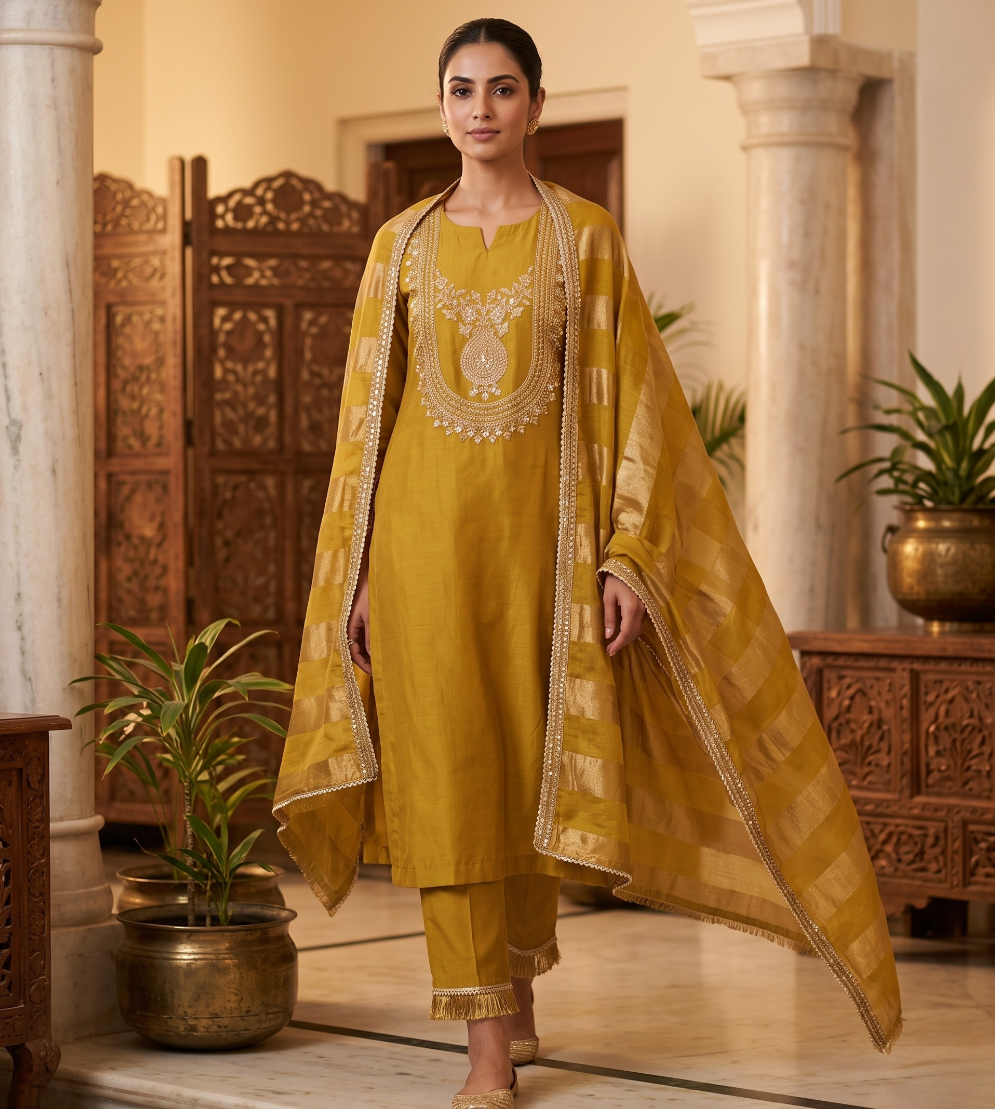 Radiant Mustard Yellow Modal Silk Unstitched 3-Piece Suit Set with Golden Handwork