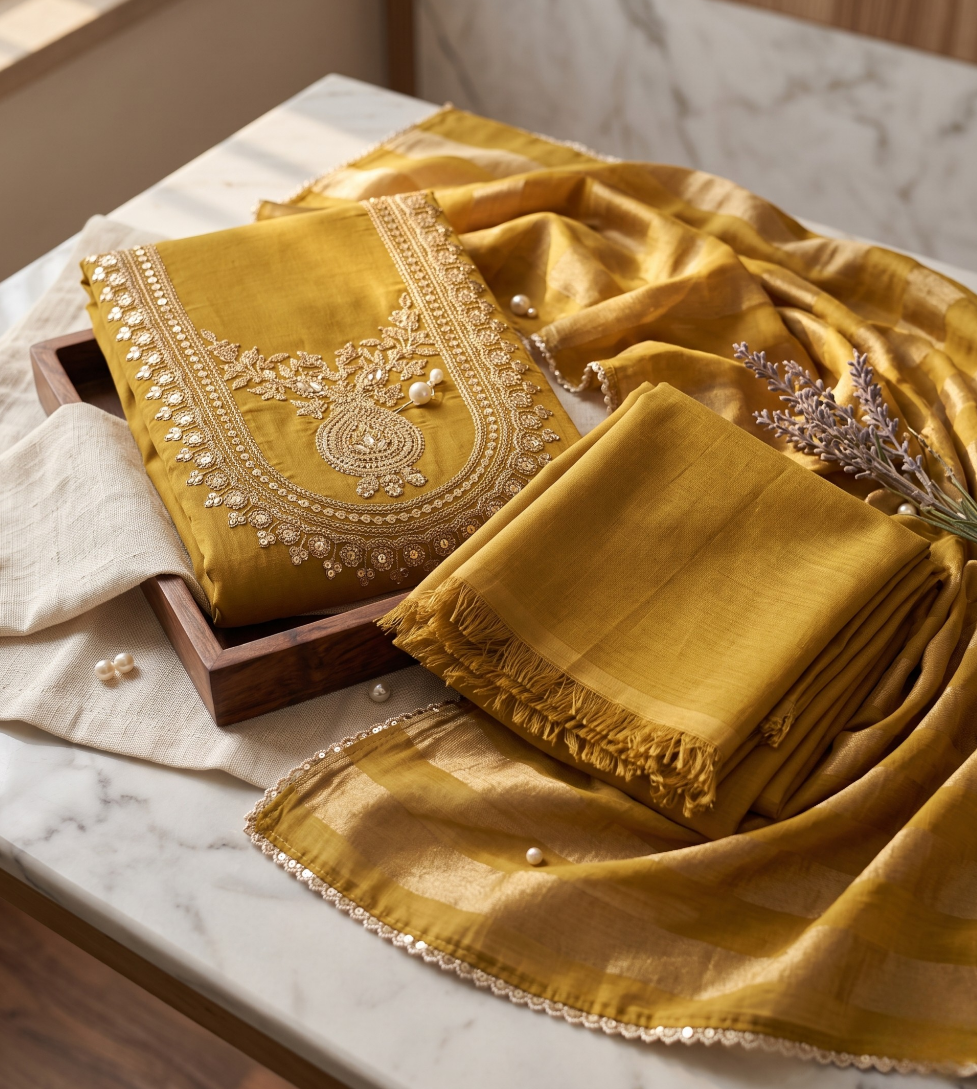 Radiant Mustard Yellow Modal Silk Unstitched 3-Piece Suit Set with Golden Handwork