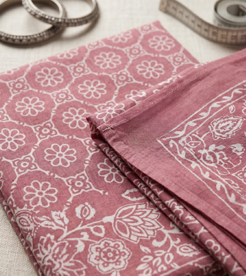 Dusty Mauve Floral Block Print Unstitched Suit Set with Dupatta