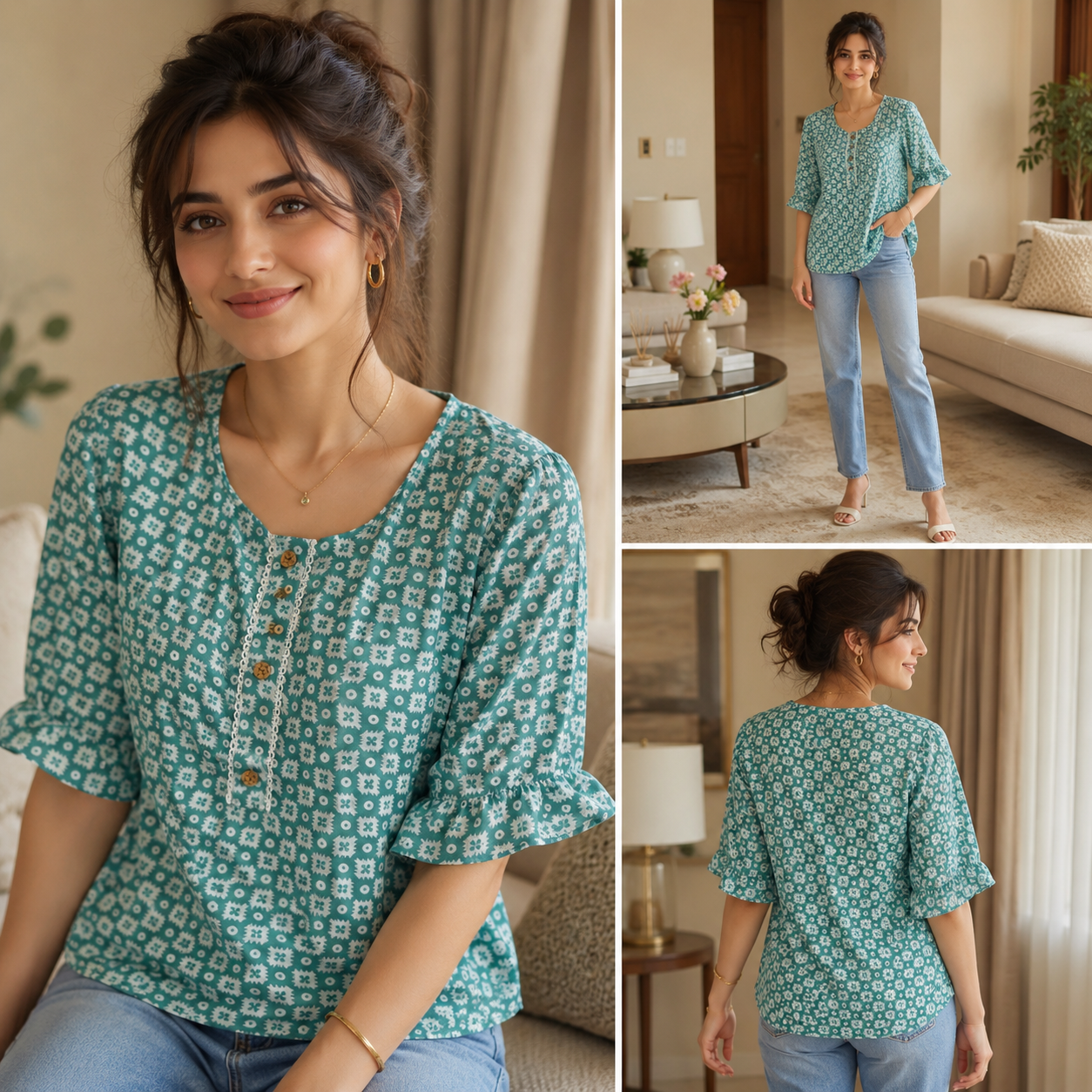 Seafoam Green Geometric Print Button-Down Top