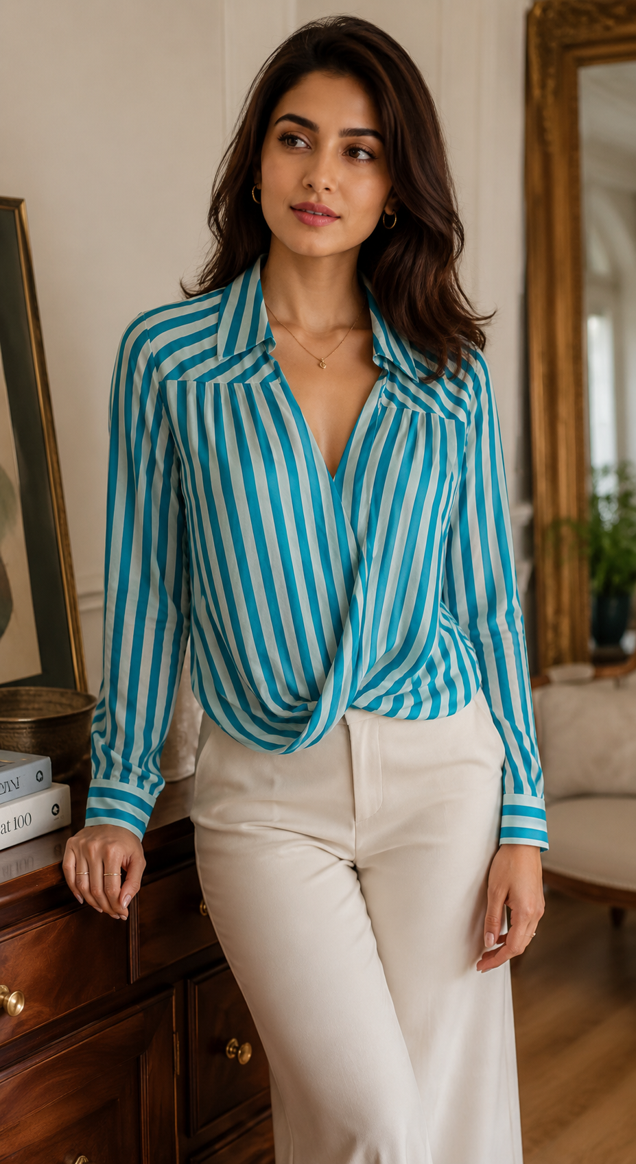 Vibrant Teal Striped Surplice Wrap Top