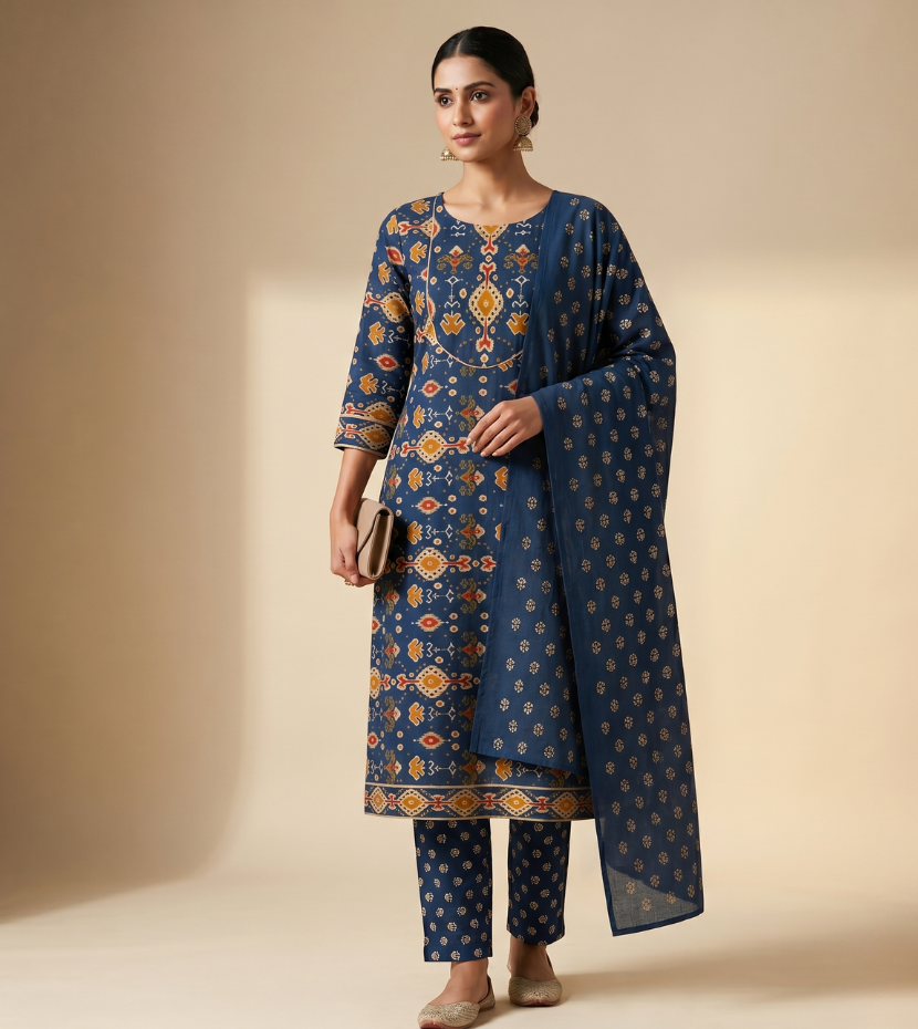 Royal Blue Ikat-Inspired Unstitched Suit Set with Dupatta