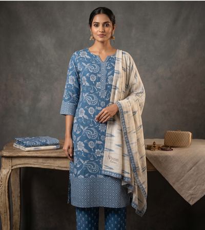 Sky Blue Floral Printed Unstitched Suit Set