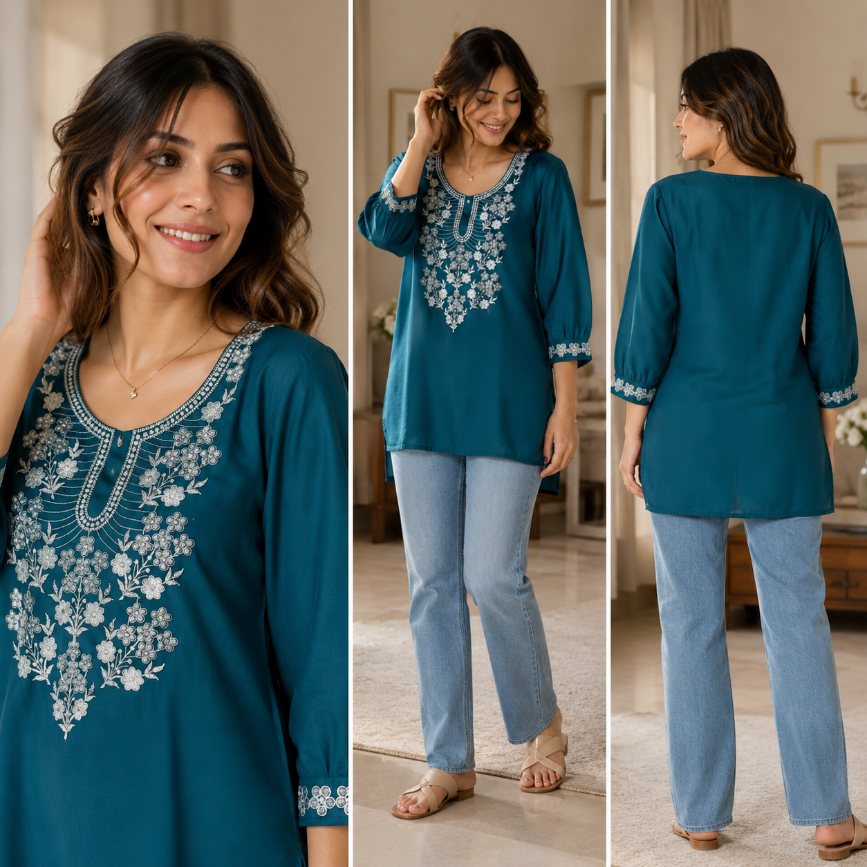 Deep Teal Blue Embroidered Silk-Blend Tunic