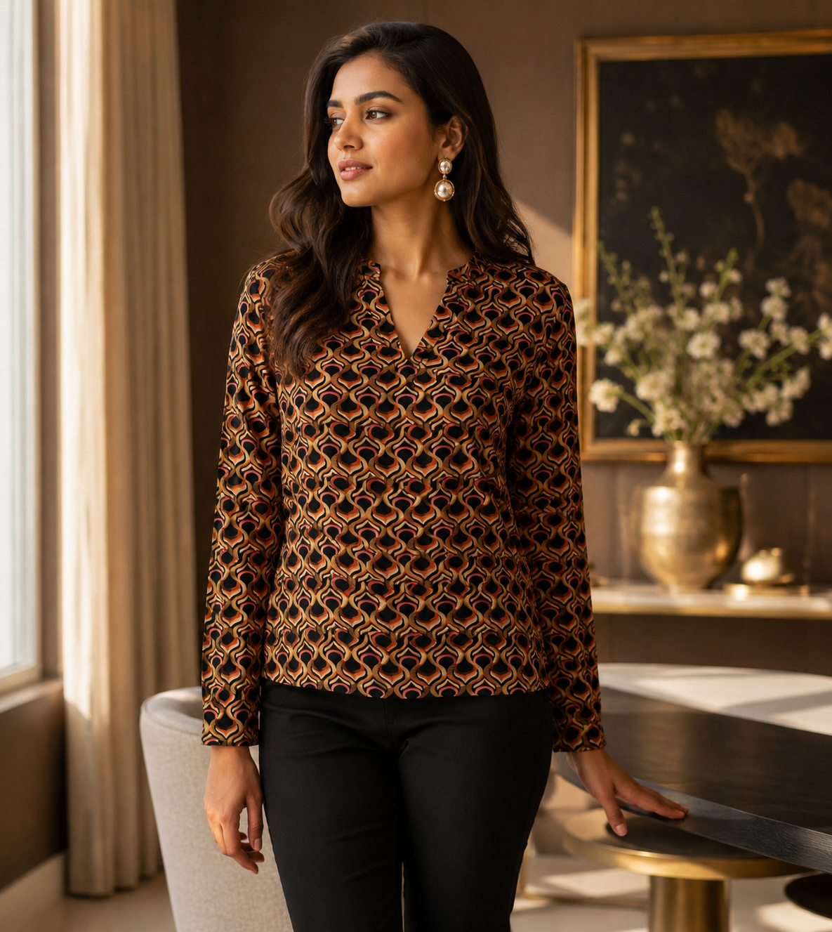 Earthy Geometric Retro Print Top
