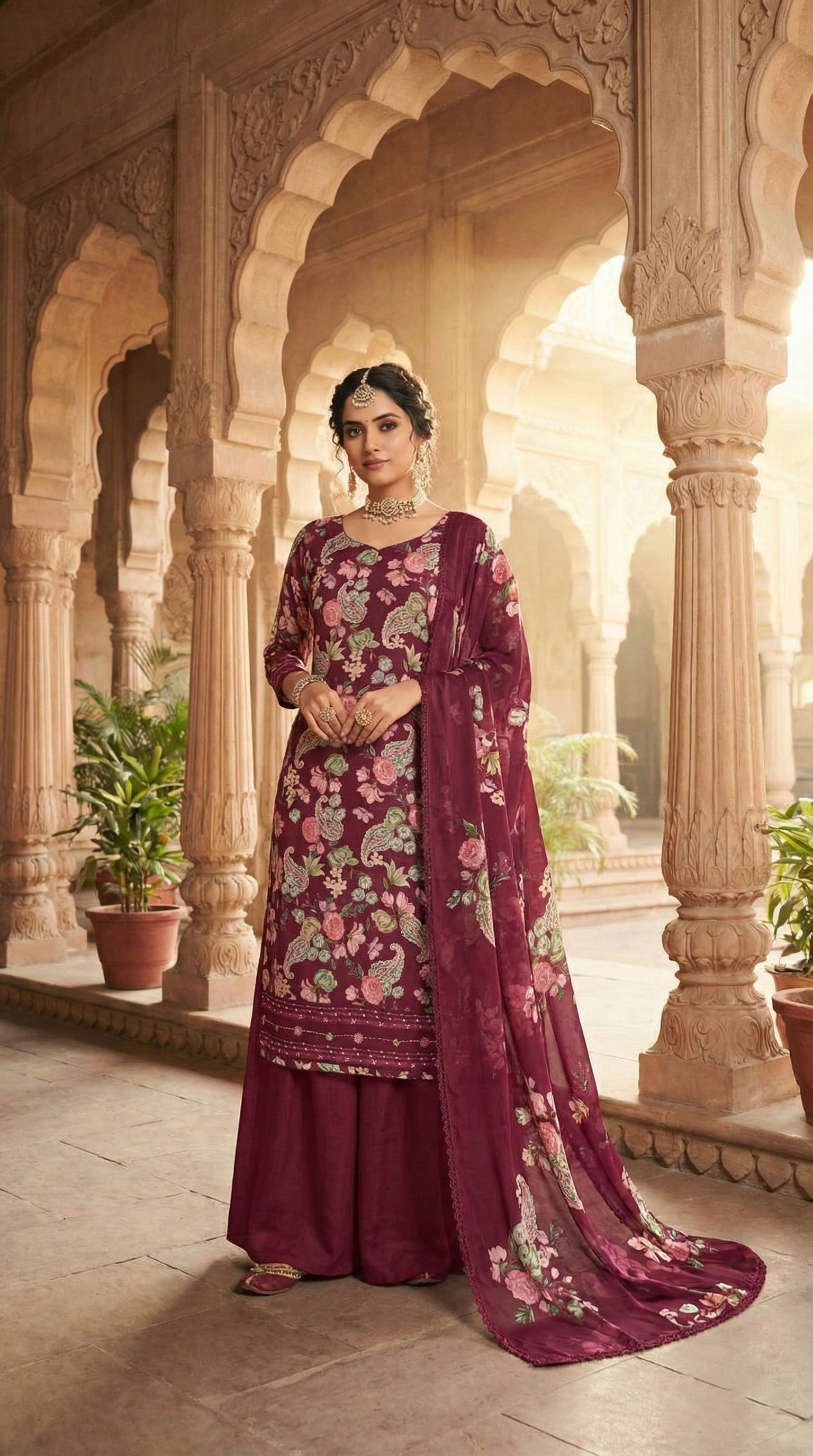 Maroon Floral Print with Embellished Dupatta by Vyom Fashion