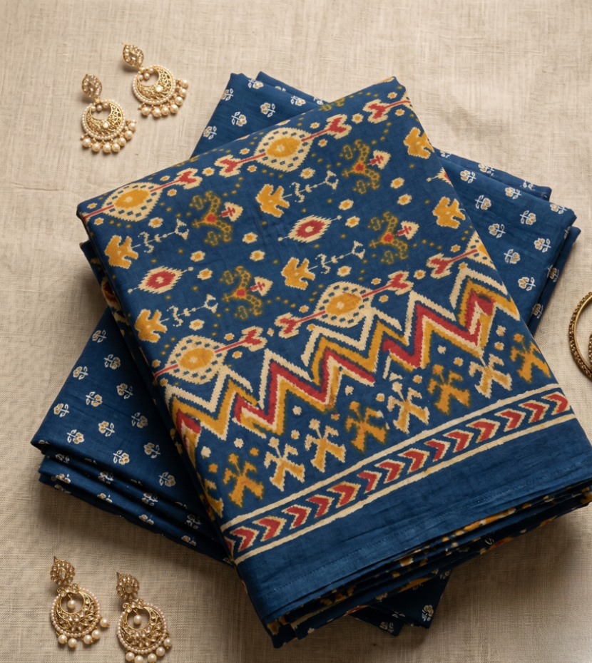 Royal Blue Ikat-Inspired Unstitched Suit Set with Dupatta