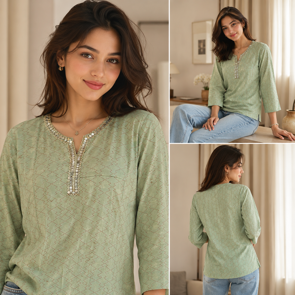Sage Green Geometric Tunic with Sequin Neckline