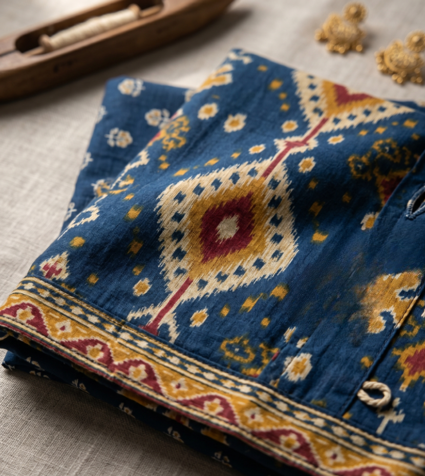 Royal Blue Ikat-Inspired Unstitched Suit Set with Dupatta