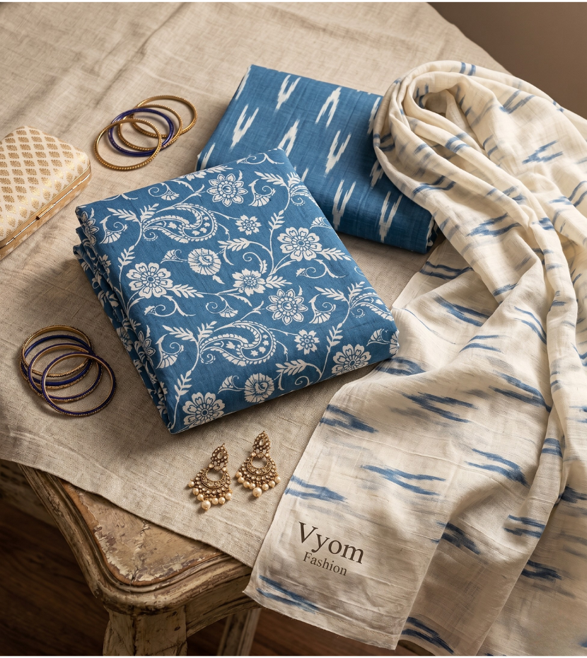 Sky Blue Floral Printed Unstitched Suit Set