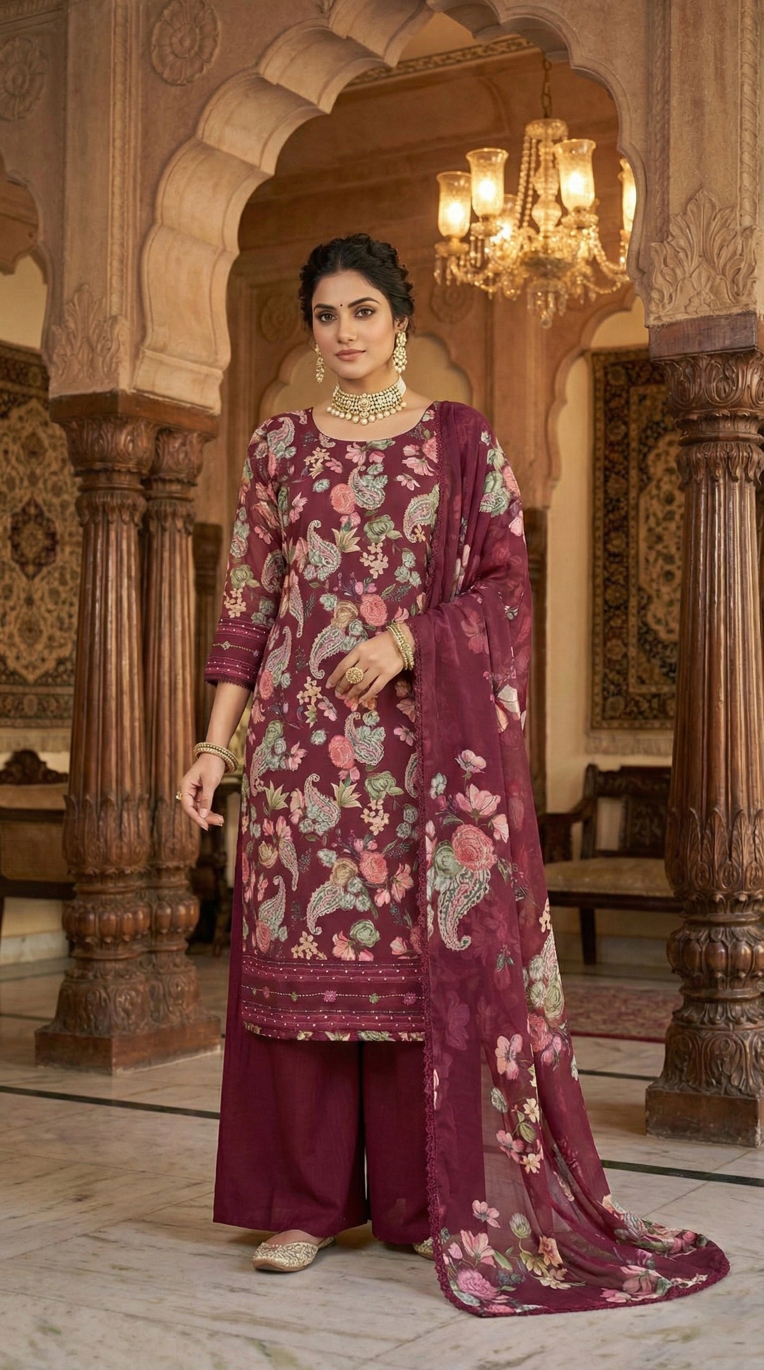 Maroon Floral Print with Embellished Dupatta by Vyom Fashion