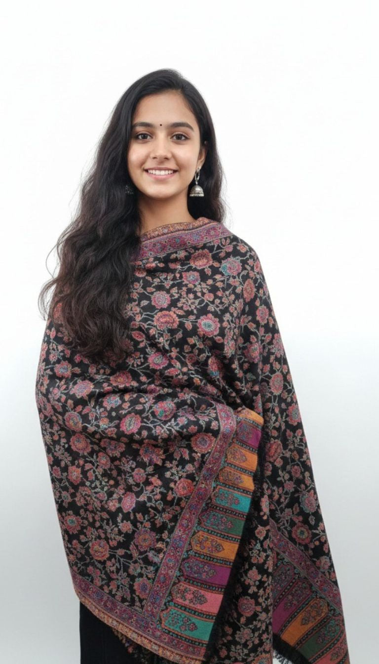 Floral Patterned Women’s Shawl with Multicolor Border
