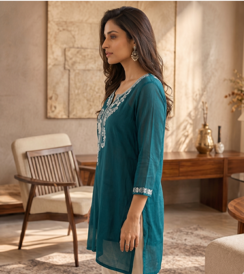Peacock Blue Silk-Blend Kurta with Intricate Hand-Embroidery