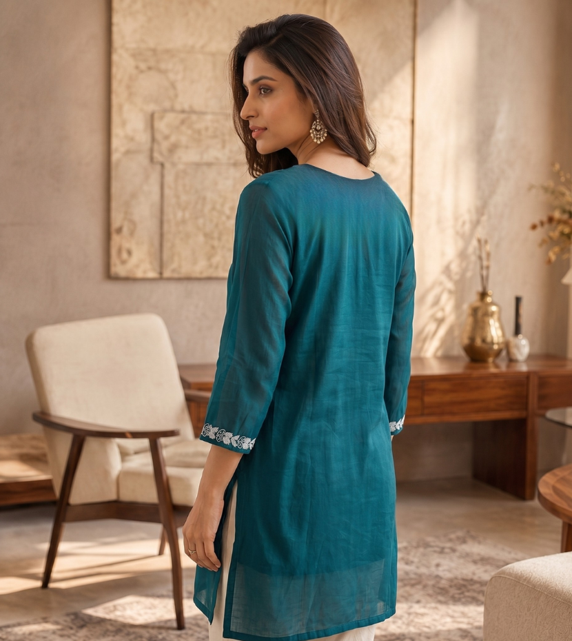 Peacock Blue Silk-Blend Kurta with Intricate Hand-Embroidery