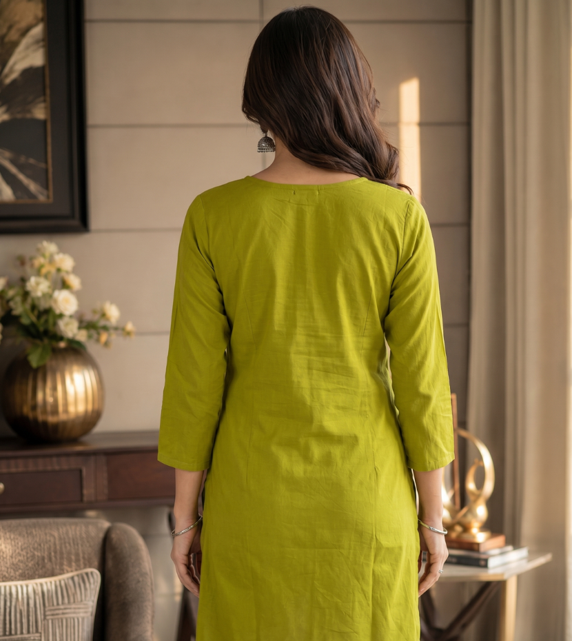 Zuri Olive Green Cotton Kurta with Intricate White Thread Work