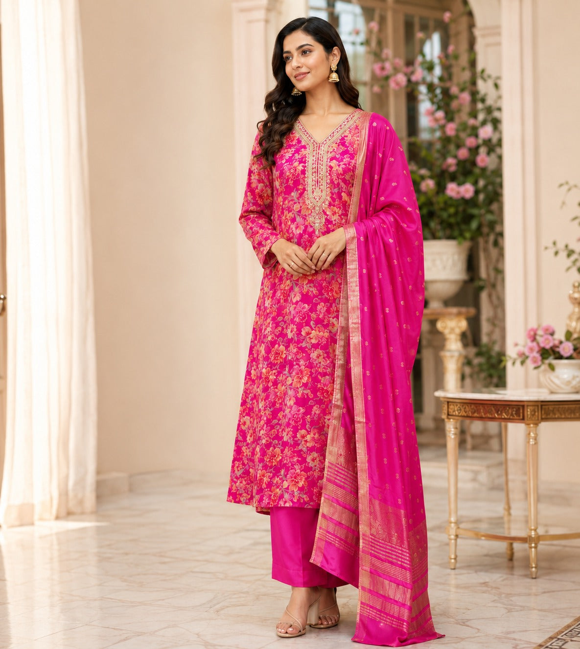Pink Floral Silk Unstitched Suit Piece with Zari Dupatta