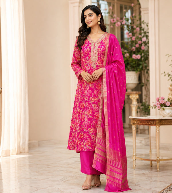 Pink Floral Silk Unstitched Suit Piece with Zari Dupatta
