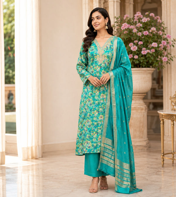 Turquoise Teal Floral Silk Unstitched Suit Piece with Zari Dupatta