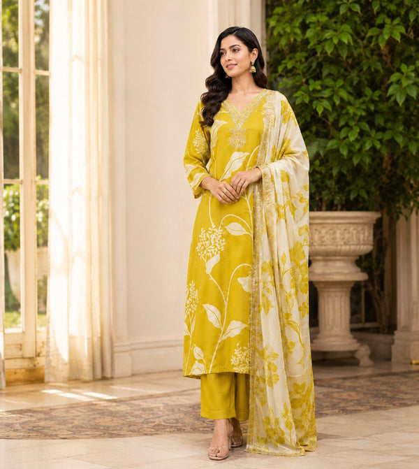 Mustard Lime Botanical Silk Unstitched Suit Piece with Chiffon Dupatta