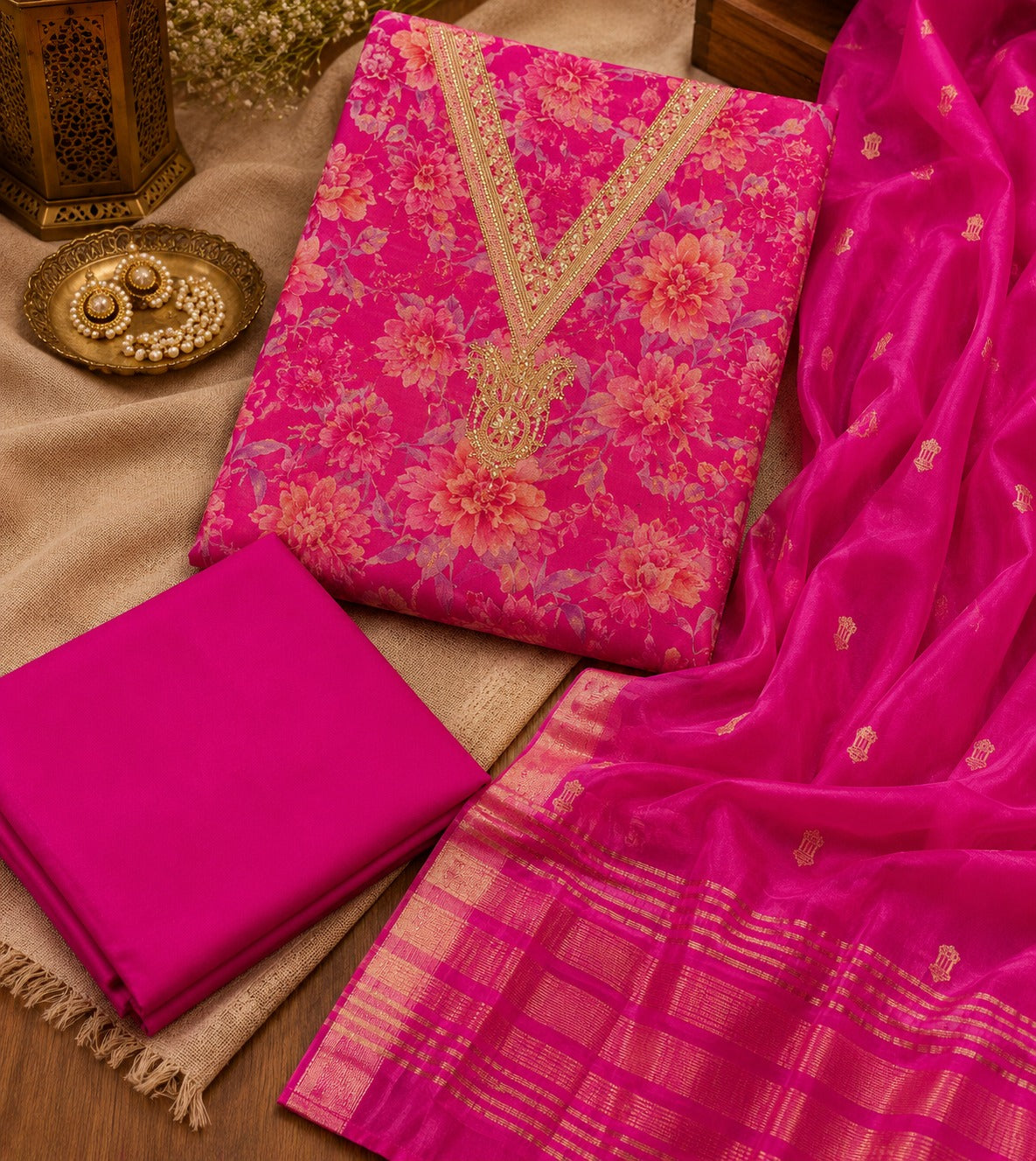 Pink Floral Silk Unstitched Suit Piece with Zari Dupatta