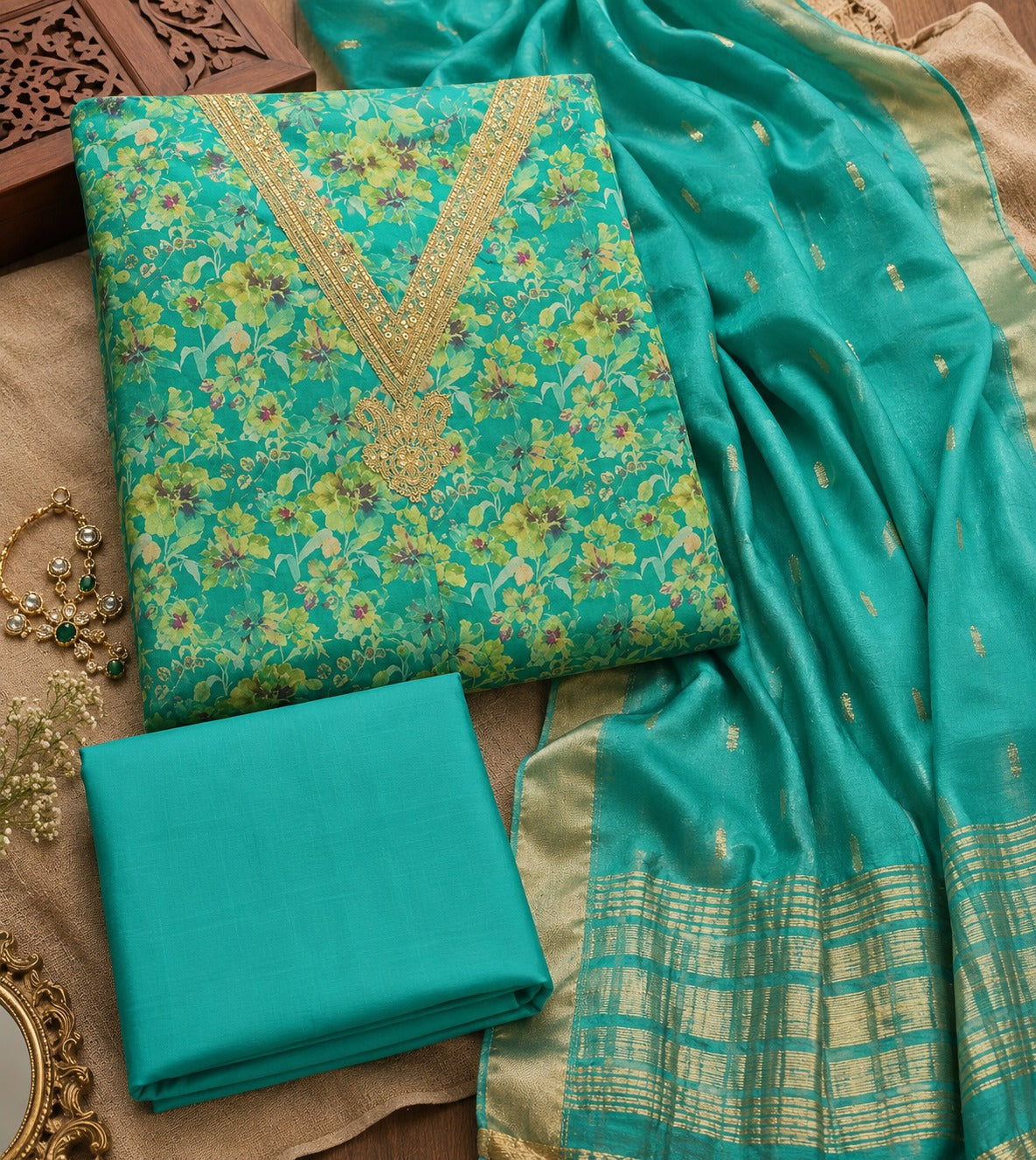 Turquoise Teal Floral Silk Unstitched Suit Piece with Zari Dupatta